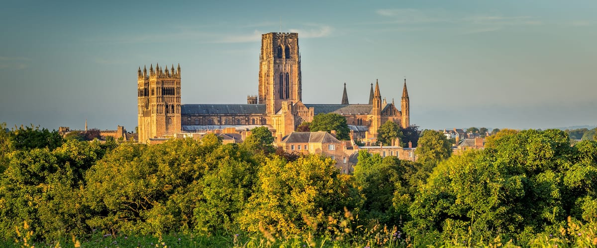 A historic cathedral with twin towers and a tall central spire, surrounded by lush greenery.