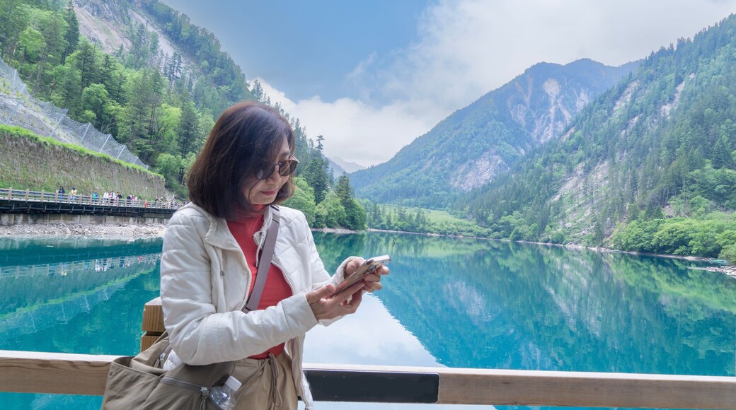 Asian female backpacker travels to Jiuzhaigou Valley in China, holding a smartphone to take pictures of the beautiful valley and lake reflection in the bright blue water.