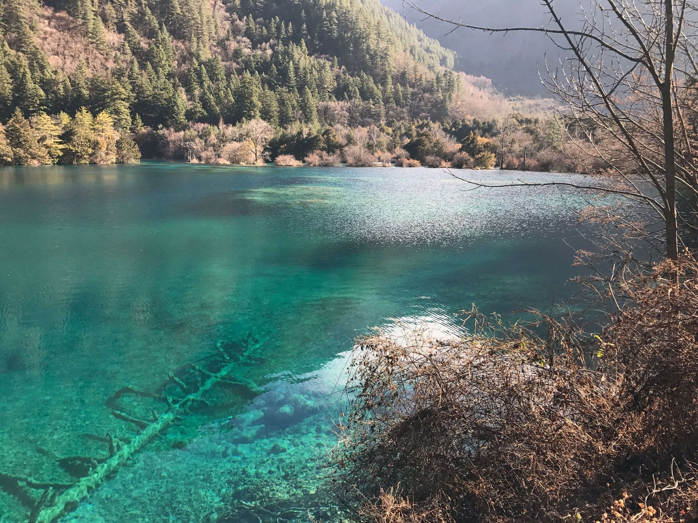 Un lago transparente rodeado de colinas boscosas.