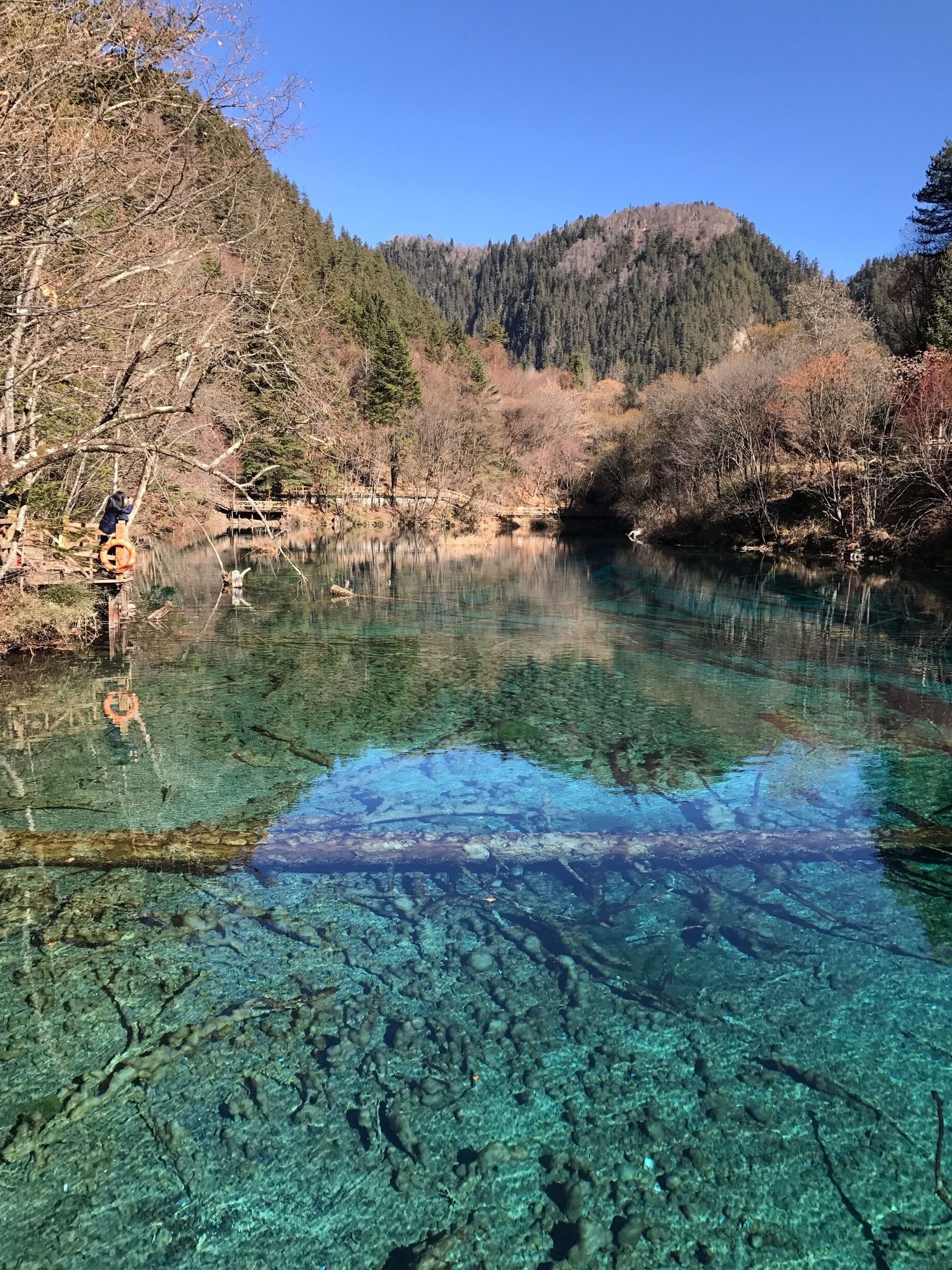 A clear lake surrounded by forested hills.