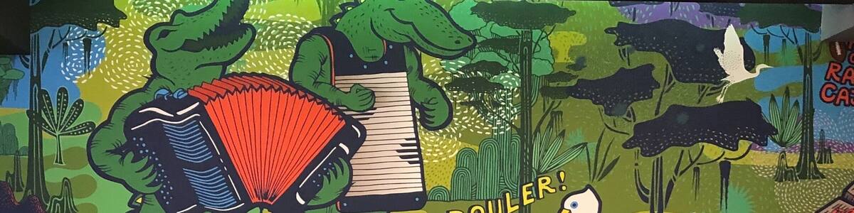 Une illustration colorée représentant un crocodile, un pélican et un livre sur lequel on peut lire les mots « Laissez les bon temps rouler ! » et « La Fayette ».