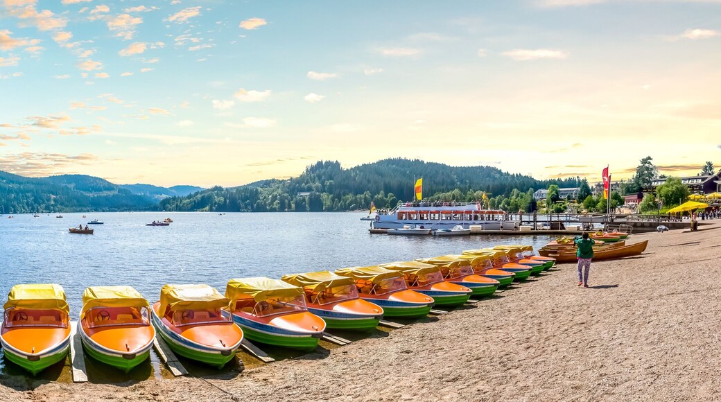 Ein See mit Booten, einer Anlegestelle und einem bewaldeten Berg im Hintergrund.