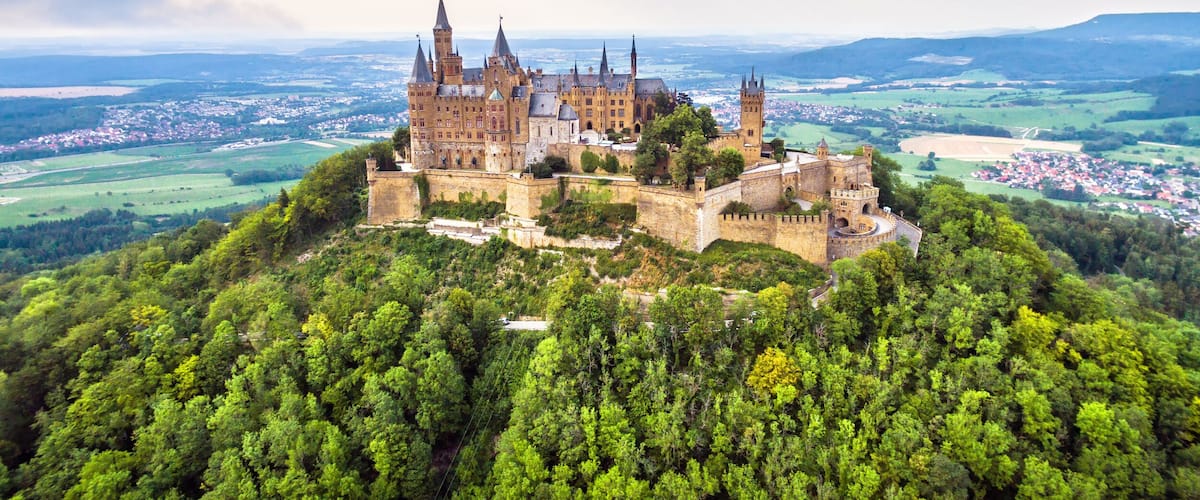 A castle on a hill surrounded by dense forest.