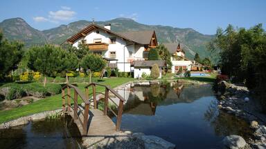A house with a pond, wooden bridge, and mountains in the background.