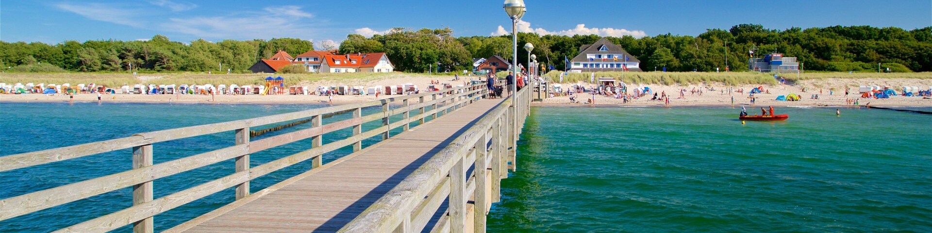 A wooden pier extending into a greenish-blue body of water, with a beach and houses in the background.