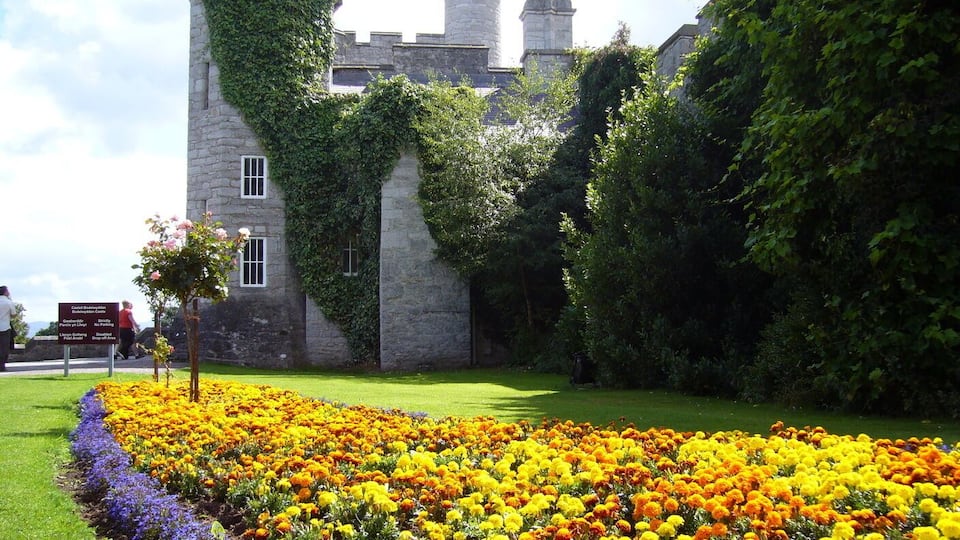 A castle with ivy-covered walls and a vibrant flower garden in front.
