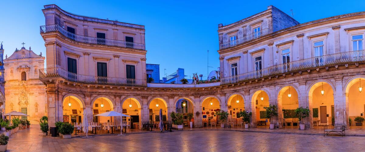 Martina Franca, Apulia, Italy. Panorama of the Piazza Plebiscito and the San Martino Church at blue hour.