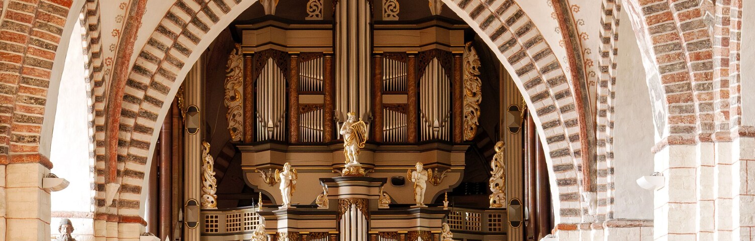 Interior ornamentado de una iglesia con un gran órgano de tubos, techo abovedado de ladrillo y hileras de bancas.