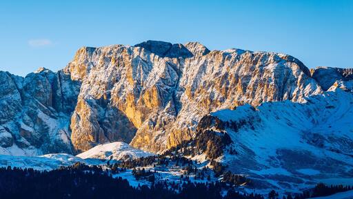 Alpe di Siusi or Seiser Alm with Sassolungo, Langkofel mountain group in background. Alpe di Siusi or Seiser Alm, Sassolungo and Sassopiatto mountains, Trentino Alto Adige, Sud Tyrol, Italy, Europe.