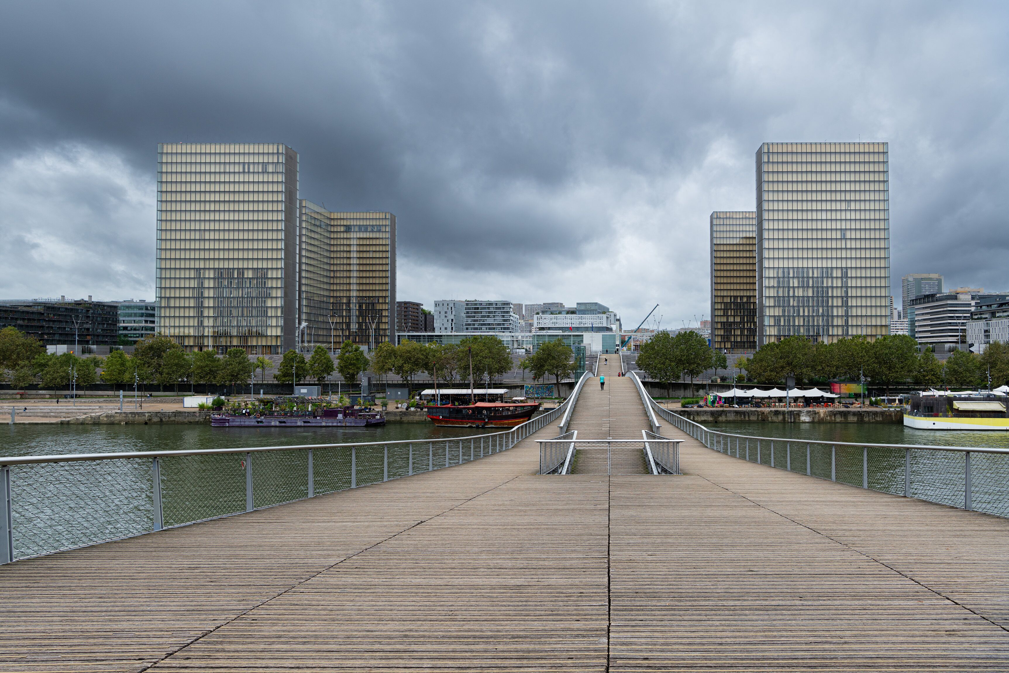 The Bridge Passerelle Simone-de-Beauvoir and the National Library of France (Bibliothèque nationale de France) in Paris, France