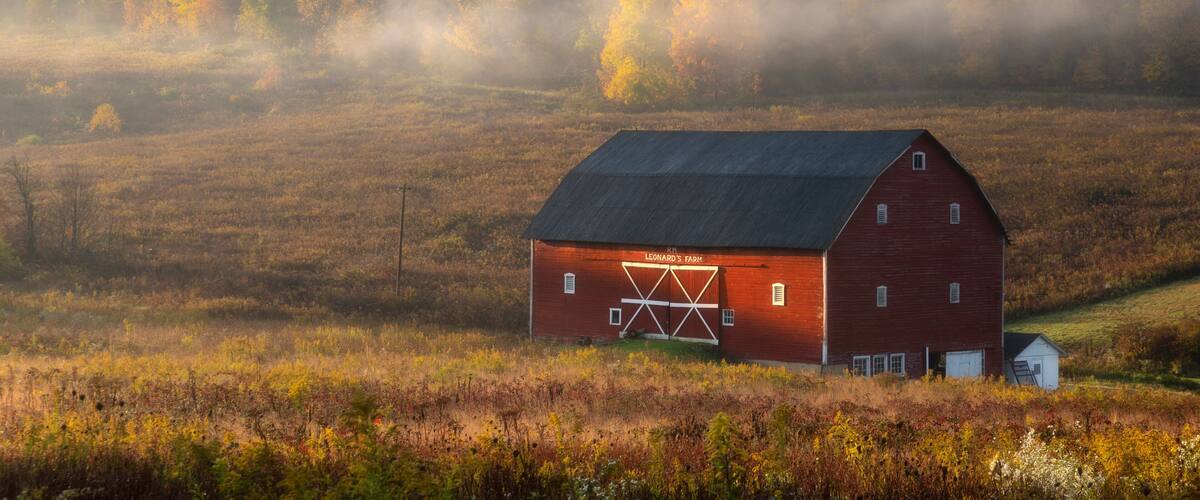 A red barn with 'Leonard's Farm' written on it, surrounded by autumn foliage and mist.