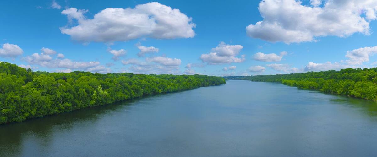 A river flanked by dense green forests under a clear blue sky with scattered clouds.