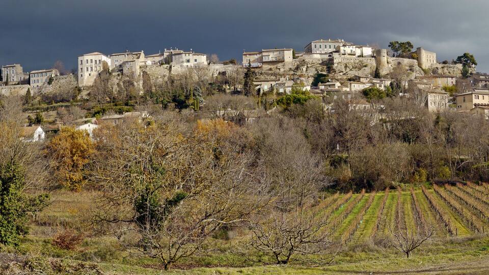 A historic town with medieval architecture atop a hill, surrounded by vineyards.