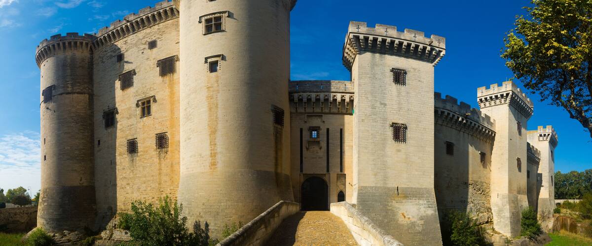 A large medieval castle with multiple towers and a central entrance.