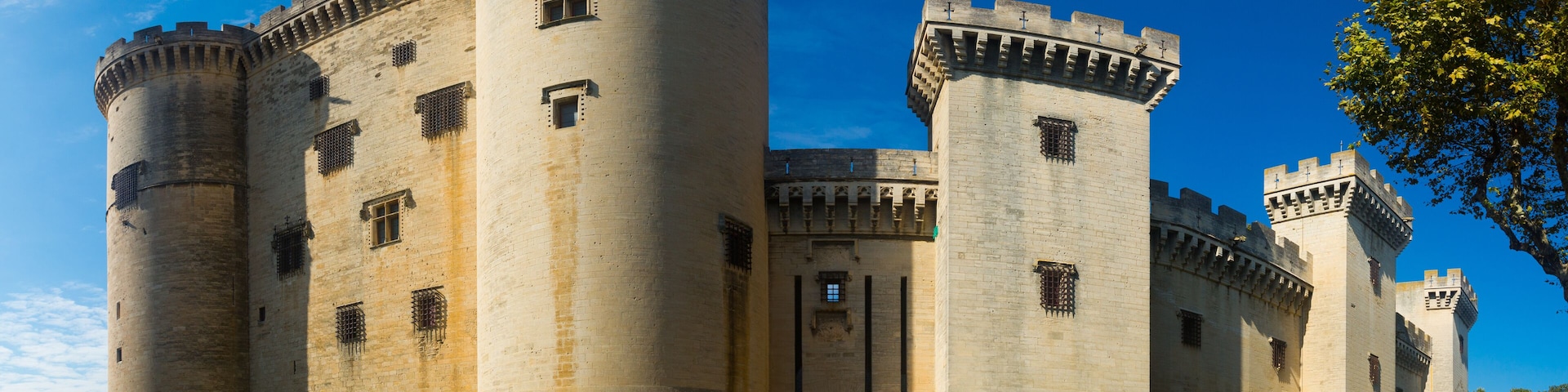 A large medieval castle with multiple towers and a central entrance.