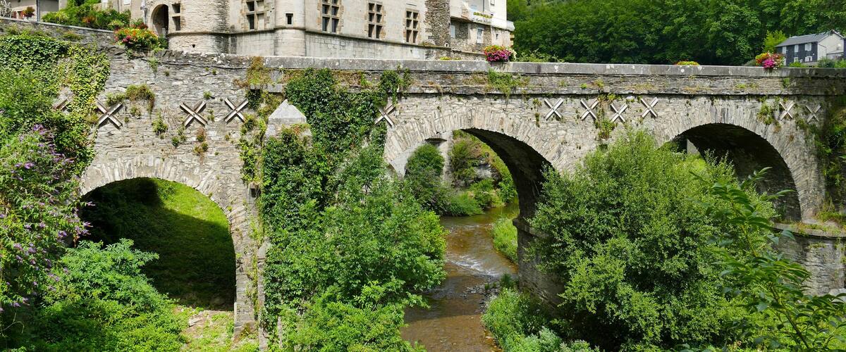 A stone bridge with arches over a river, surrounded by lush greenery and a castle in the background.