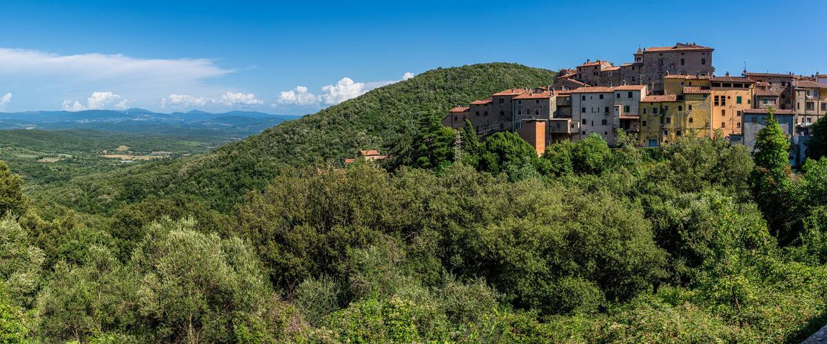 A mountainous landscape with dense green forests and a cluster of traditional buildings with red-tiled roofs.