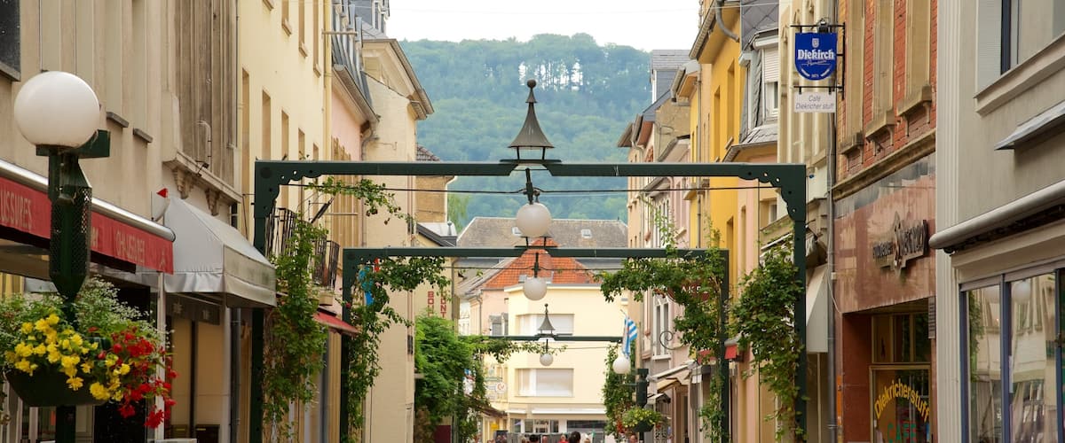 A pedestrian street with shops, hanging flower baskets, and a mountain in the background.