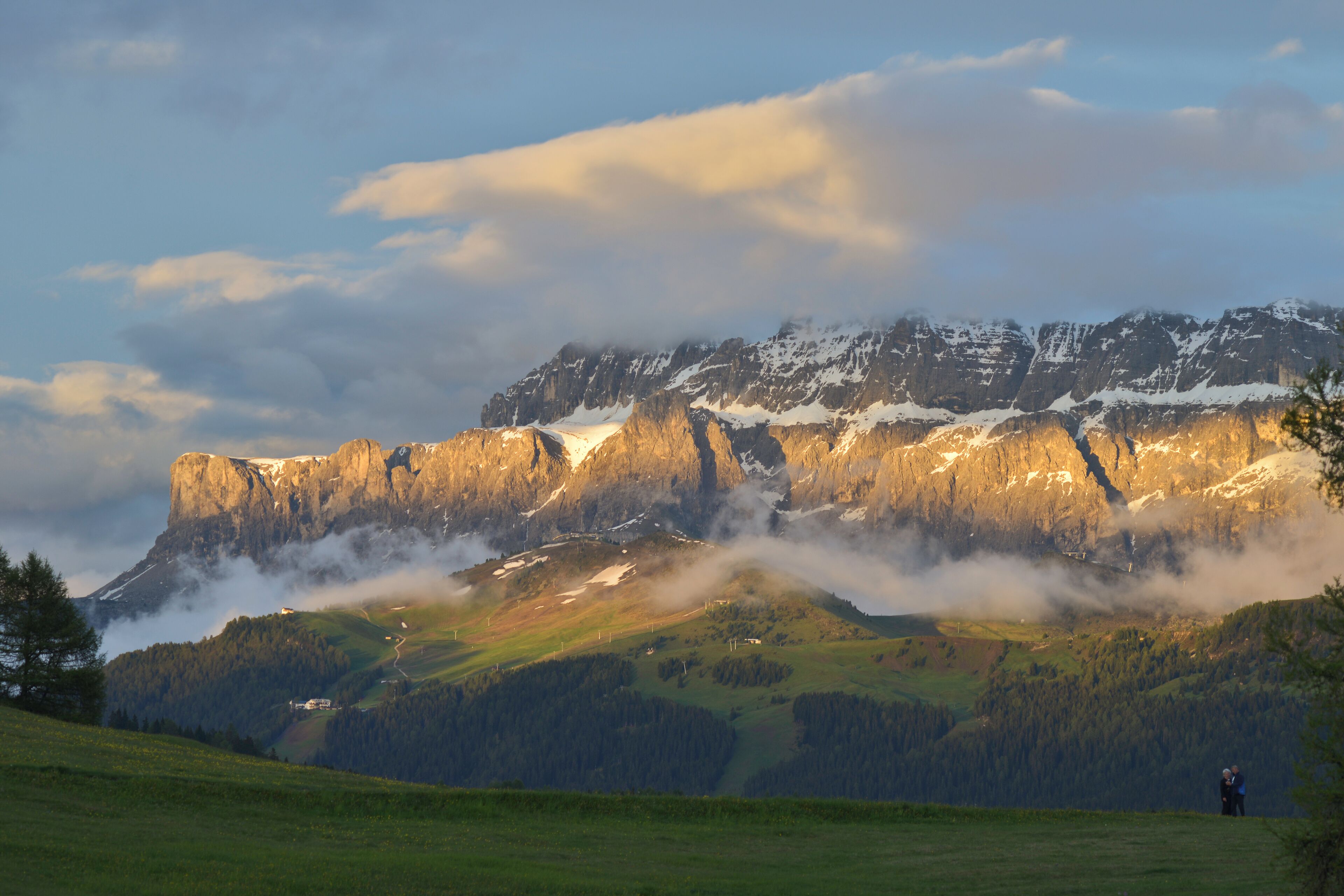 Catena montuosa con cime innevate, una valle verdeggiante e una persona in primo piano.