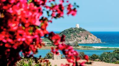 A coastal landscape with a prominent hill, a clear blue sky, and a body of water.