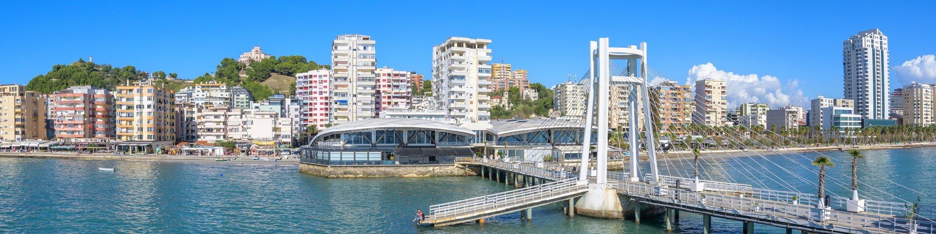 A modern bridge over a body of water with a cityscape in the background.