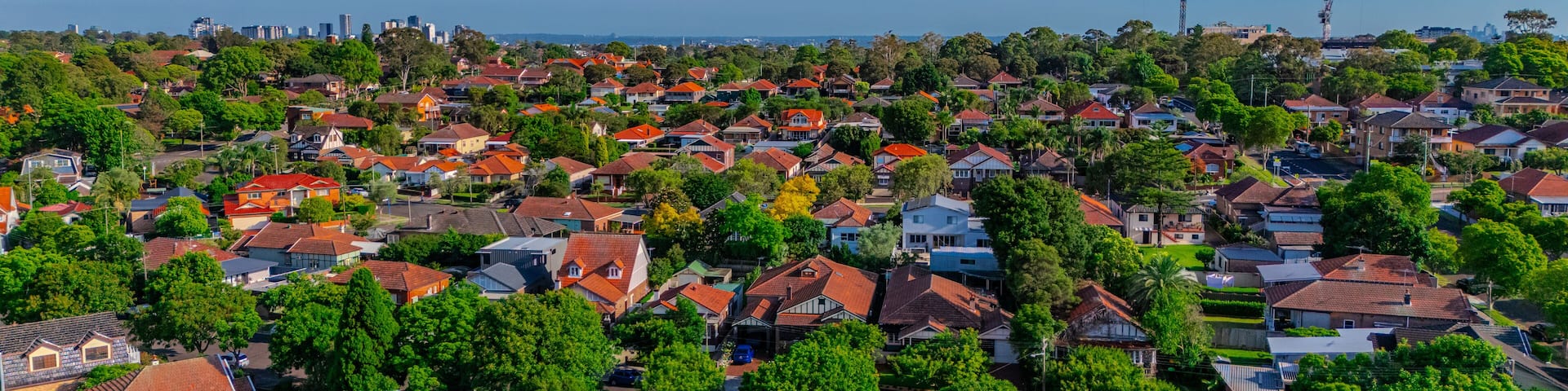 Panorama aerial drone view of western Sydney Suburbs of Canterbury Burwood Ashfield Marrickville Campsie with Houses roads and parks in Sydney New South Wales NSW Australia