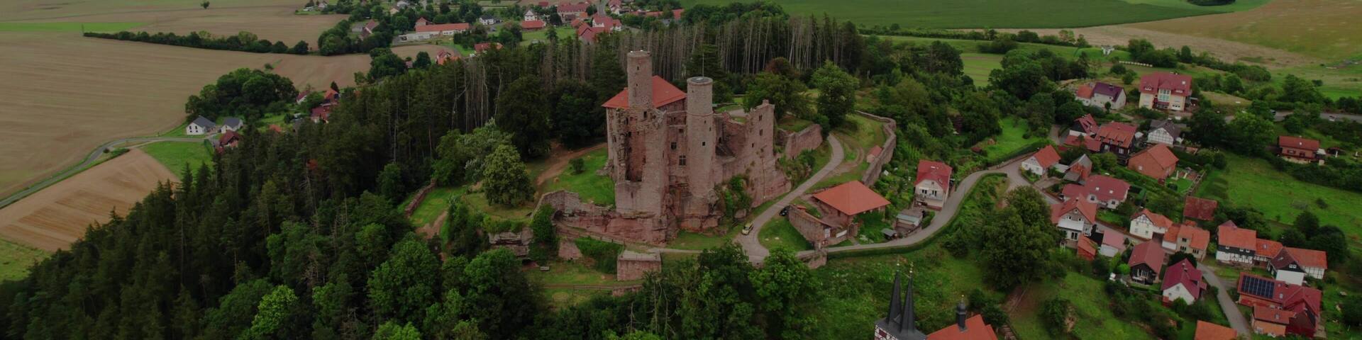 Aerial view of Ruins of Hanstein Castle in Germany. The old Hanstein Castle near Rimbach Bornhagen in Germany. Hig definition 4K video.