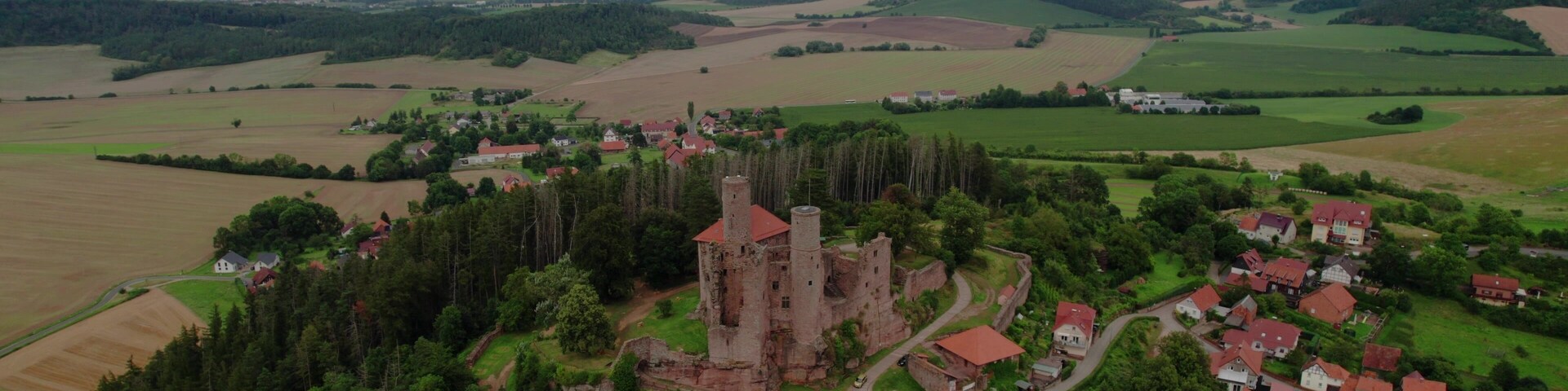 Aerial view of Ruins of Hanstein Castle in Germany. The old Hanstein Castle near Rimbach Bornhagen in Germany. Hig definition 4K video.