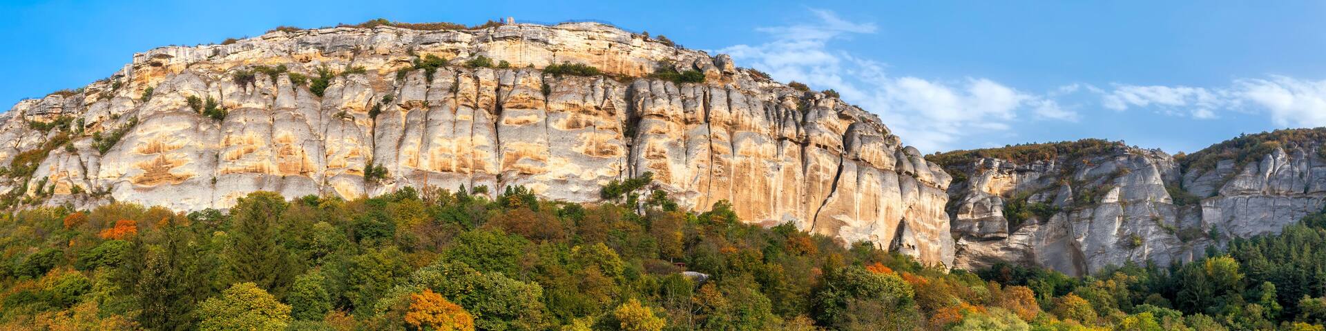 Panoramic view of stunning cliffs in National Historical and Archaeological Reserve Madara. near Shumen, Bulgaria.