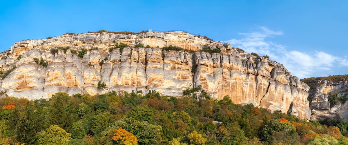 A large limestone cliff with dense forest at its base.