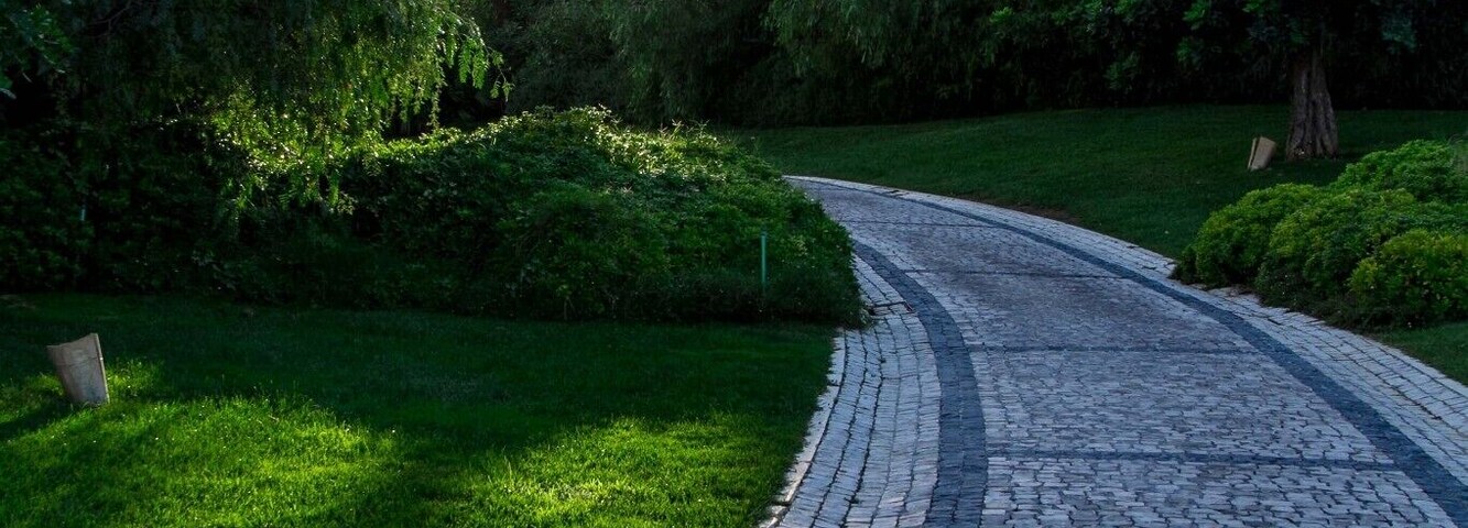Un sendero empedrado serpentea por un exuberante jardín con palmeras y follaje denso.