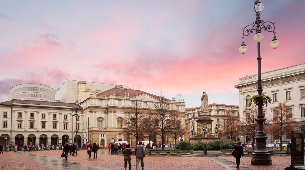 Milan, Italy, La Scala Square. The building of La Scala. La Scala Opera house is located on the picturesque La Scala square, decorated with the monument of Leonardo da Vinci.