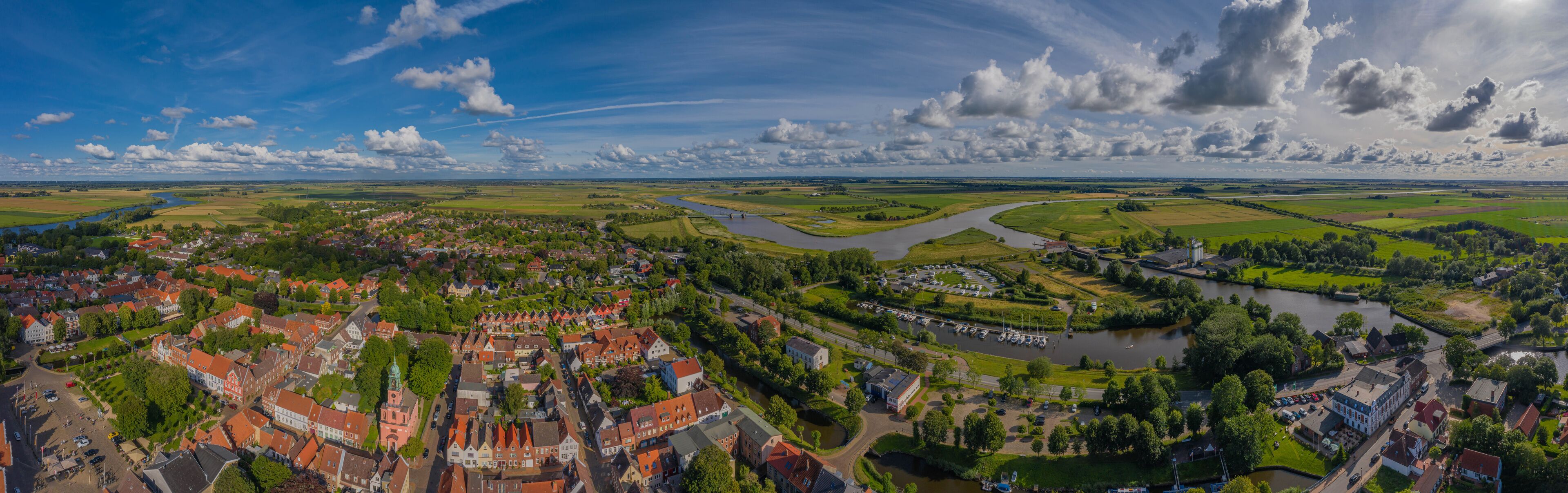 Panoramic aerial city view of Friedrichstadt, Dutch town in the state Schleswig-Holstein with the romantic canals situated on the river Eider and Treene, Nord frisia, Germany