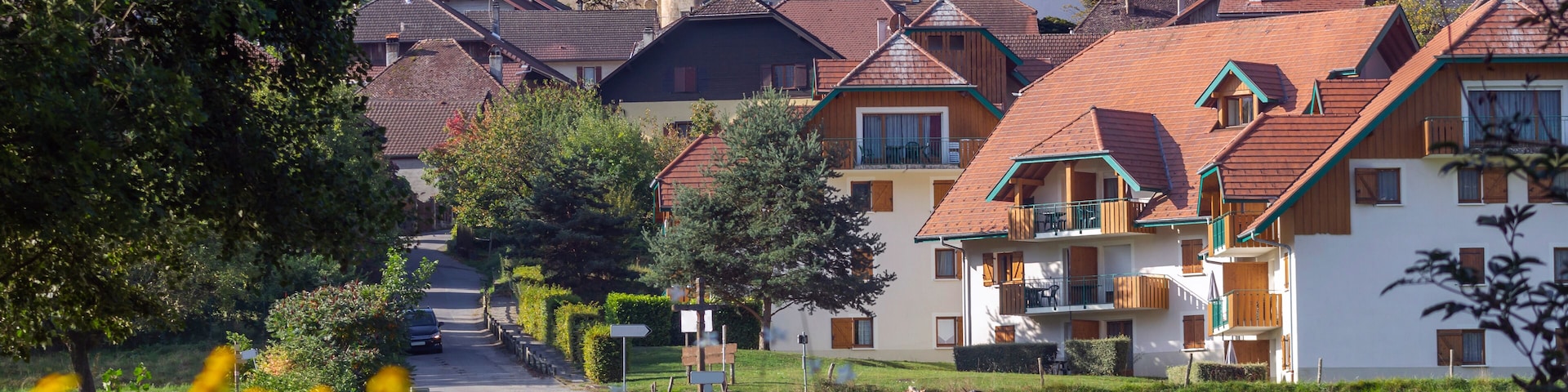 Beautiful view of the Giez village: flowers in the foreground, the road and houses among the greenery and the castle on top, Savoy. Best villages of France