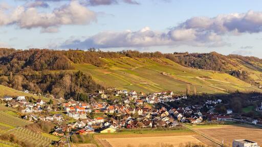 Panorama of rural nature with vineyards near Criesbach im valley Kochertal, Germany
