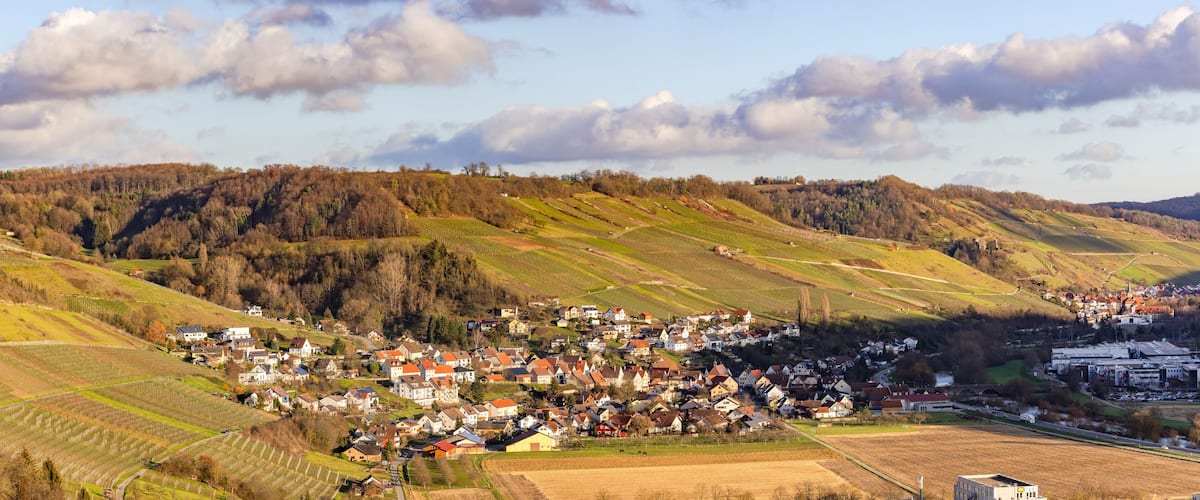 A rural village nestled in a valley with terraced vineyards and rolling hills.
