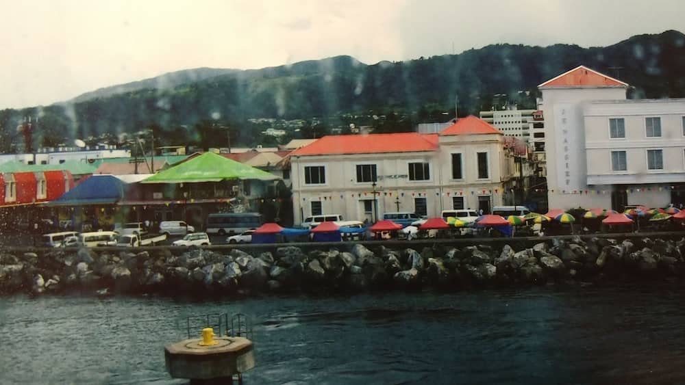 Rainy day on Dominica, but it was still fun. I liked the colorful roofs and building colors.