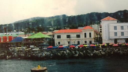 Rainy day on Dominica, but it was still fun. I liked the colorful roofs and building colors.