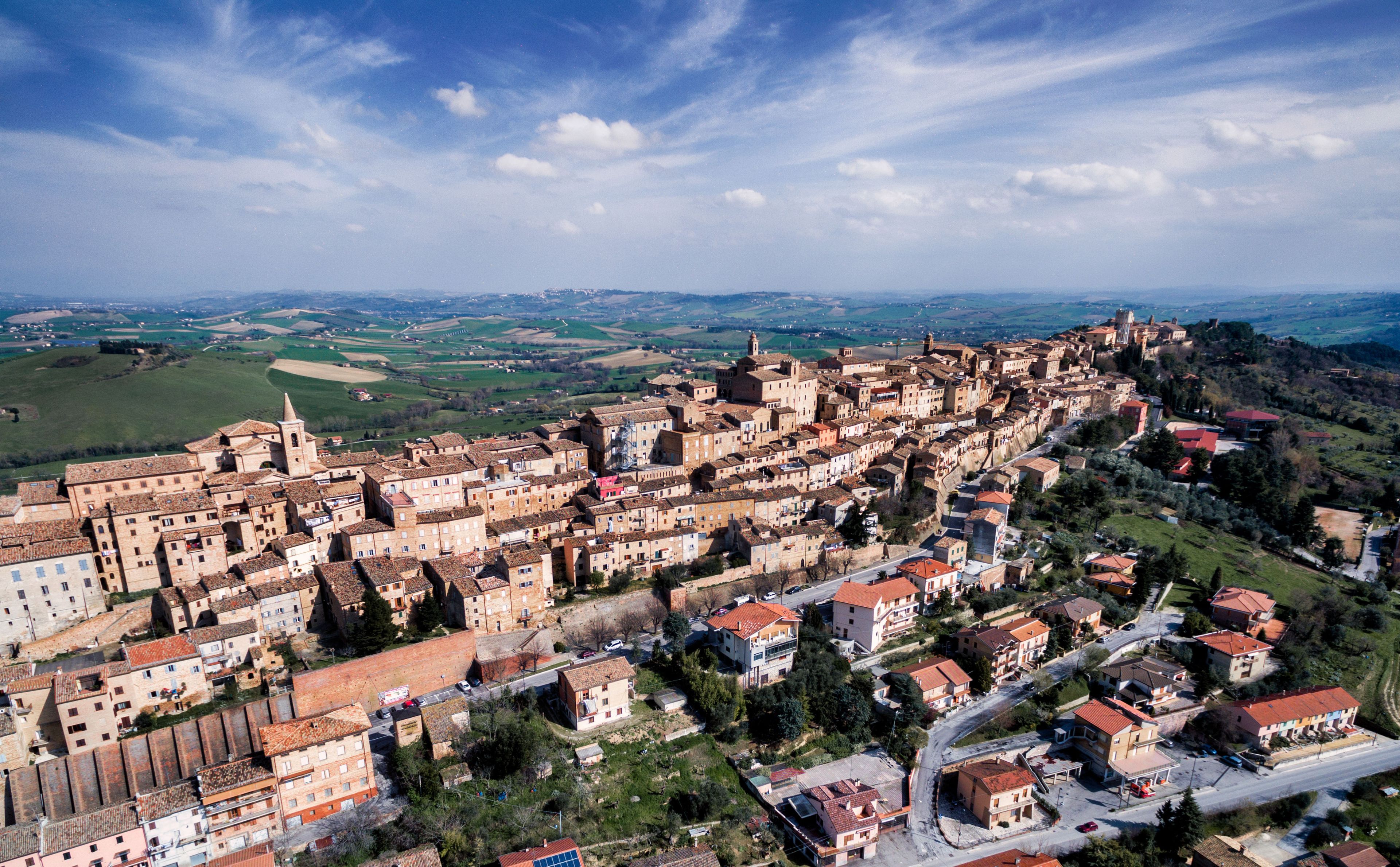 Ancient walled city of Treia - Marche, Italy - Aerial View