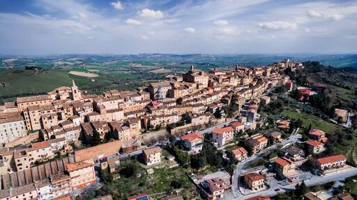 Ancient walled city of Treia - Marche, Italy - Aerial View