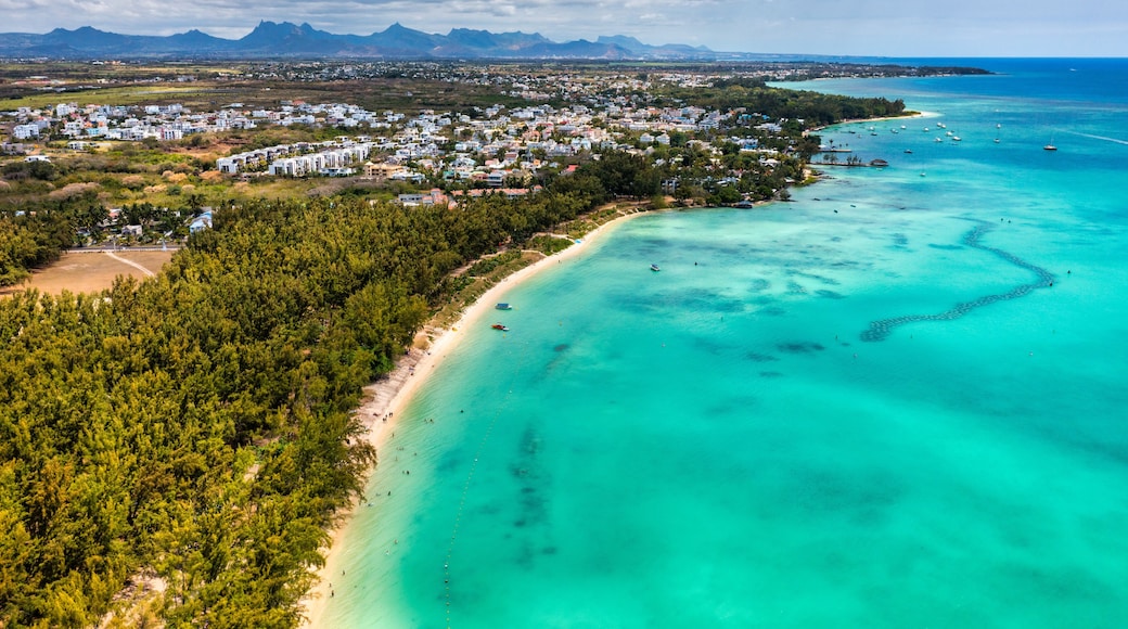 Mauritius beach aerial view of Mont Choisy beach in Grand Baie, Pereybere North. Mont Choisy, public beach in Mauritius island, Africa. Beautiful beach of Mont Choisy in Mauritius, drone aerial view.