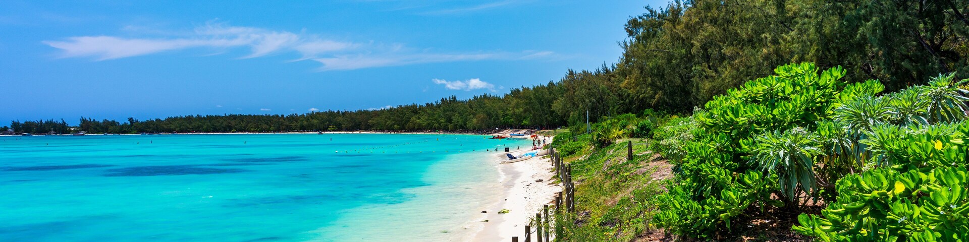 A turquoise beach with clear waters, a sandy shore, and lush greenery.