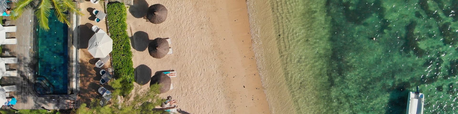 Beautiful beach of Mont Choisy in Mauritius, aerial view from drone