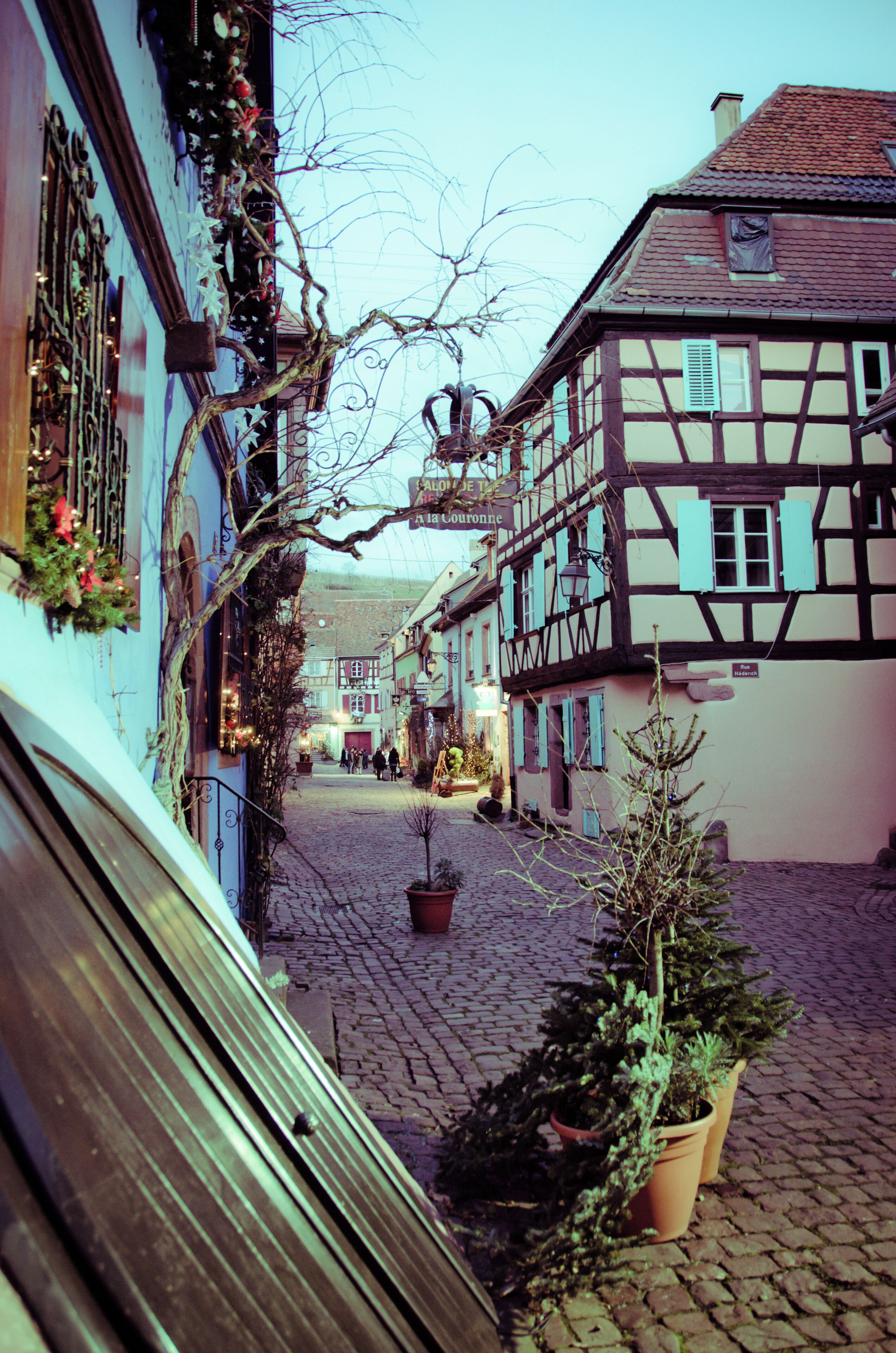 A cobblestone street lined with traditional half-timbered houses, potted plants, and hanging decorations.