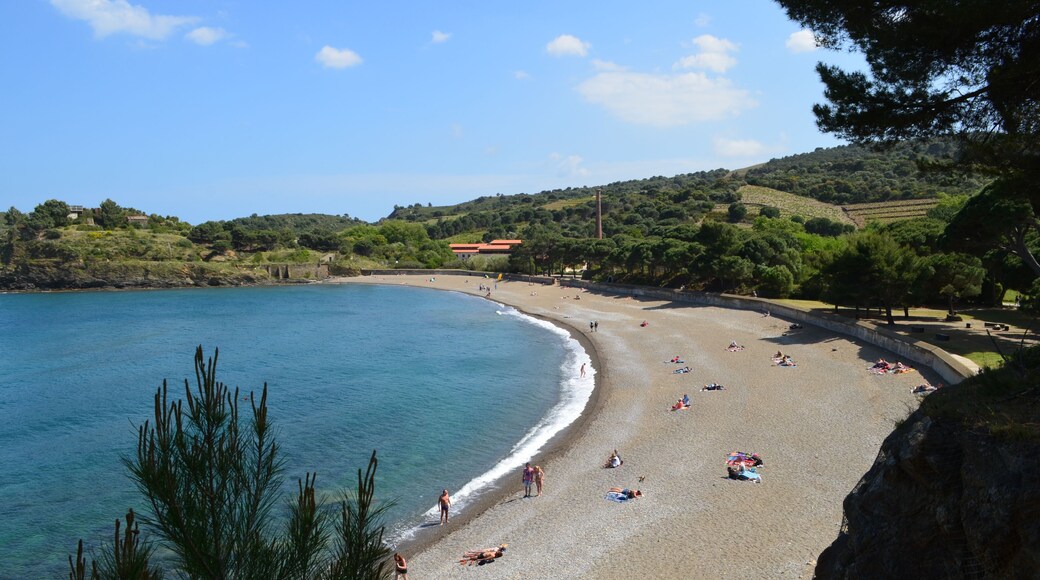 A coastal landscape with a sandy beach, clear blue sea, and a hilly backdrop with scattered trees and buildings.