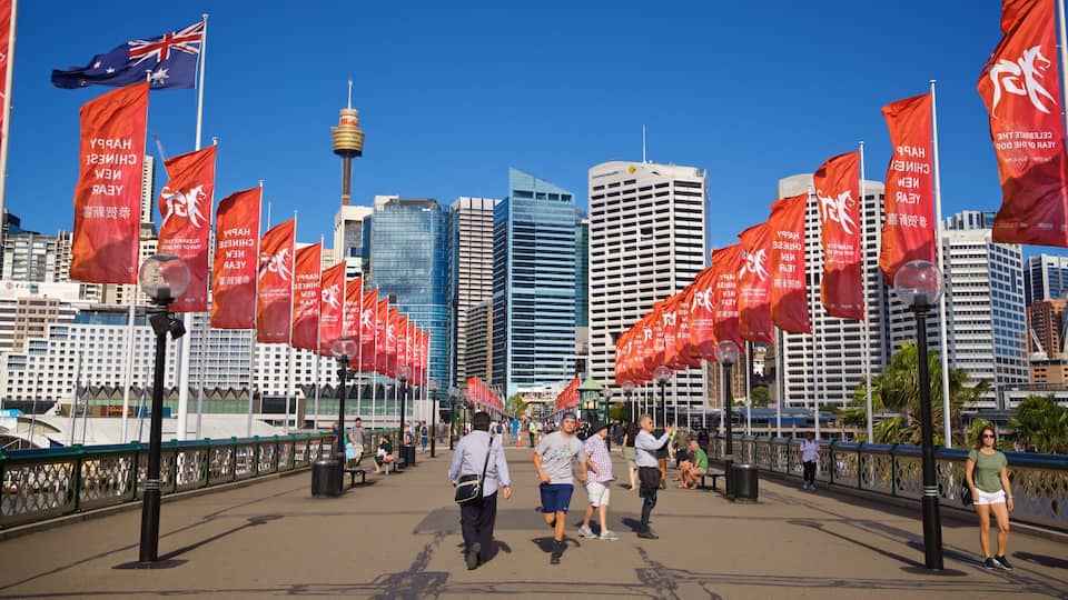 Darling Harbour which includes street scenes and a city as well as a small group of people