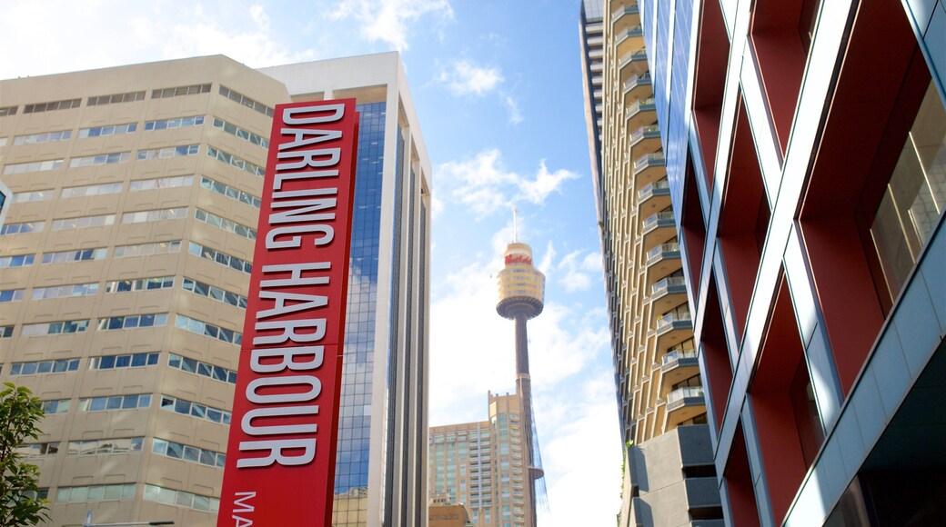 Darling Harbour featuring a city, central business district and signage
