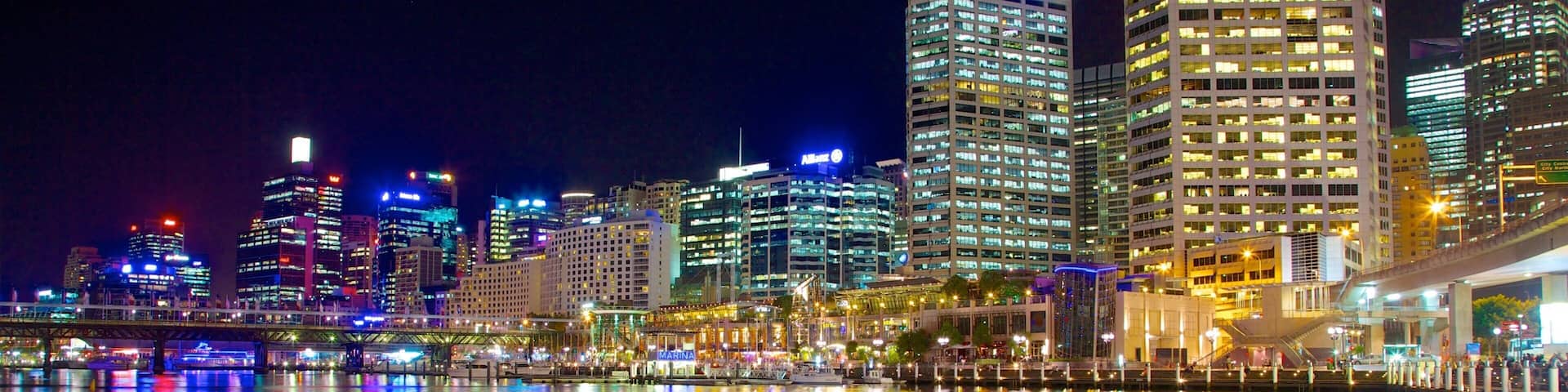 Darling Harbour featuring night scenes, city views and a bay or harbour
