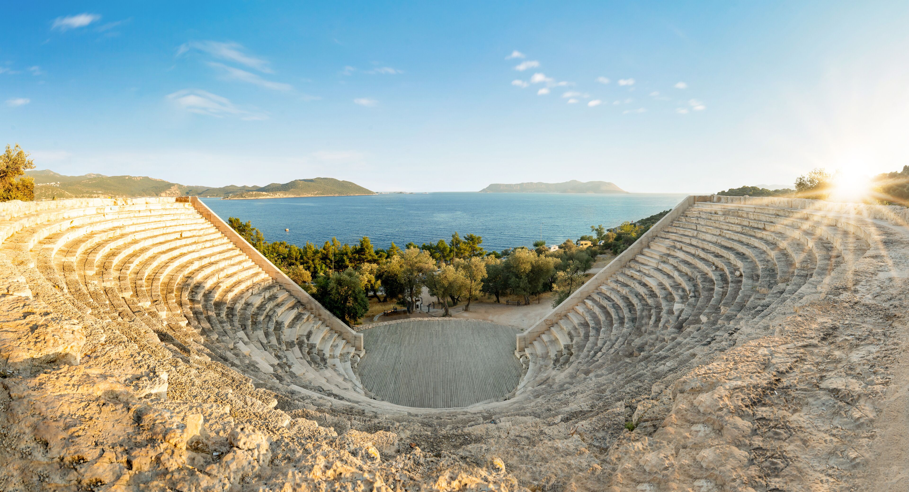 Wide angle sunset photo of Antiphellos amphitheatre in Kaş, Antalya, Turkey