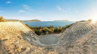 Wide angle sunset photo of Antiphellos amphitheatre in Kaş, Antalya, Turkey